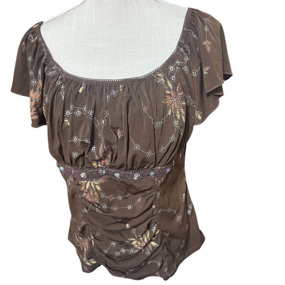 90s Y2K Studio 1940 Top Womens L Brown Embroidered sequins blouse forest fairy - Picture 1 of 8